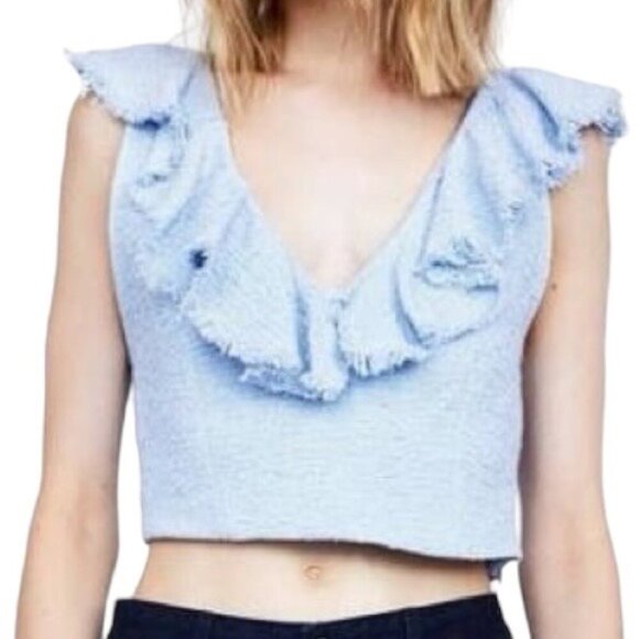 Zara Size Medium‎ Woman Light Blue Textured Crop Top With Ruffled Sleeves - Picture 1 of 7